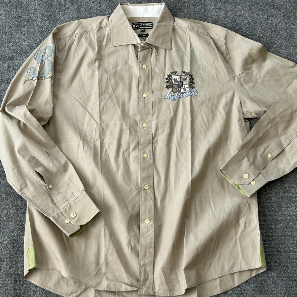 La Martina Shirt Mens 2XL Beige Embroidered‎ Polo Team Graphic Long Sleeve